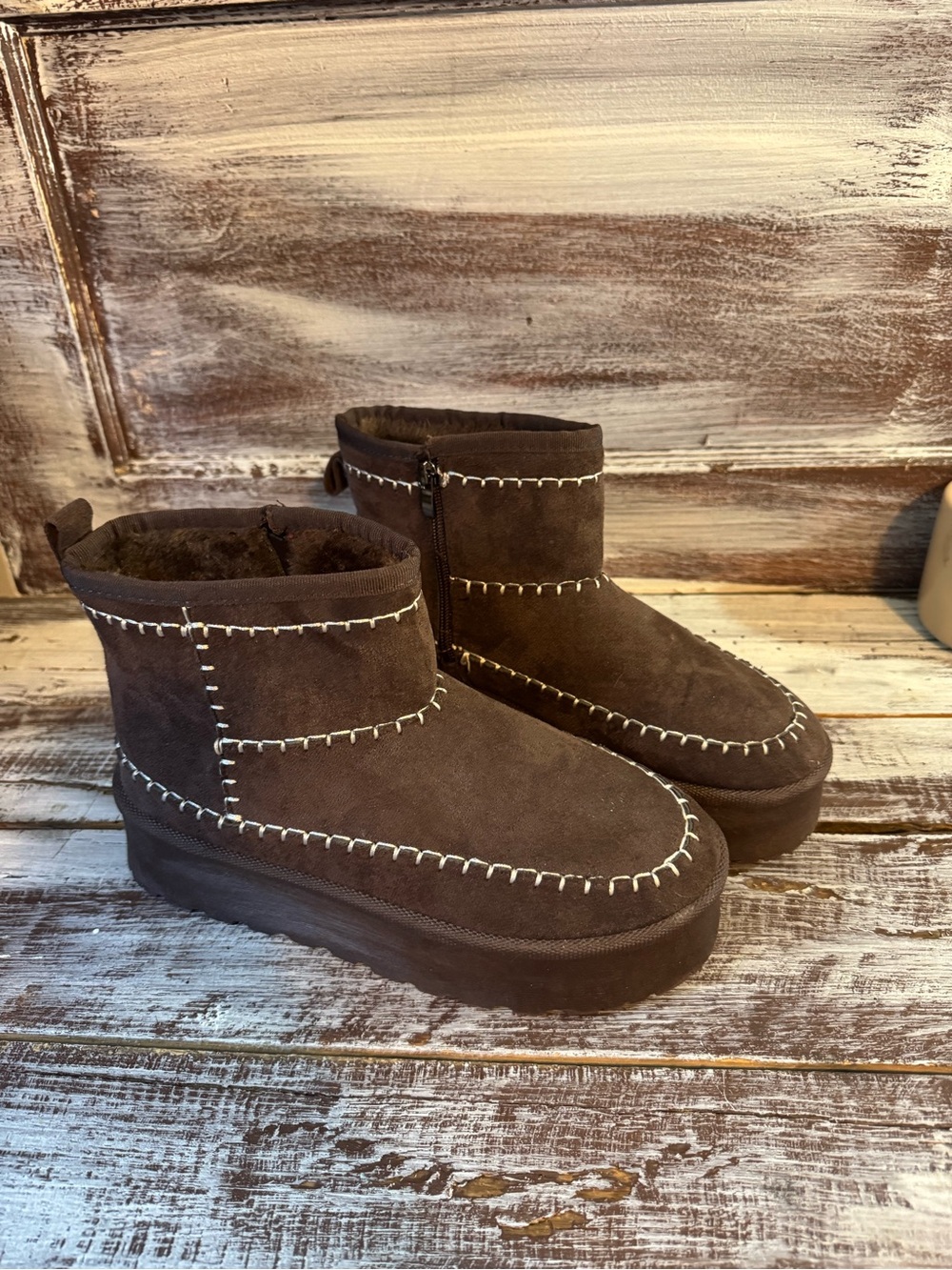 Women's Brown Suede Ankle Booties with Contrast Stitching